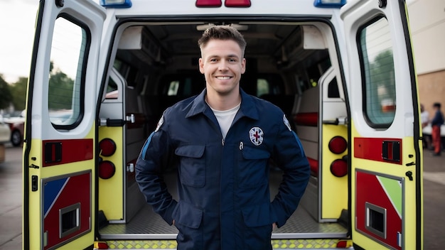 Un jeune homme un ambulancier se tient à l'arrière d'une ambulance par les portes ouvertes il regarde le c