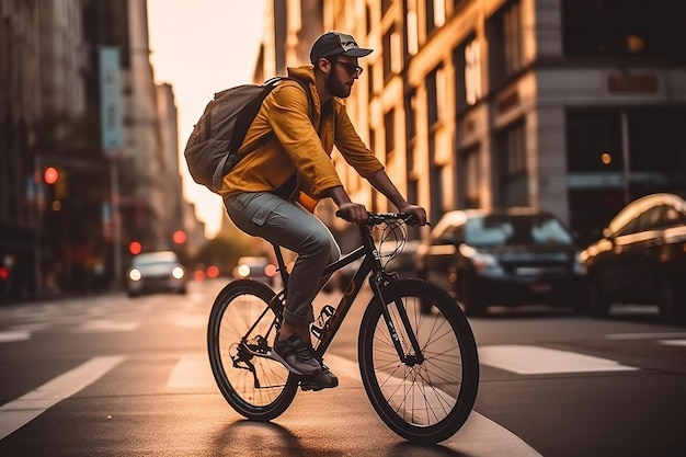 Jeune homme américain faisant du vélo sur route AI générative