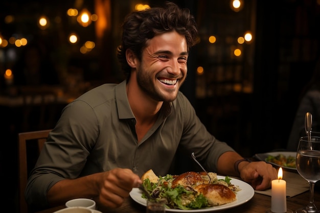 Un jeune homme apprécie un repas dans un restaurant.