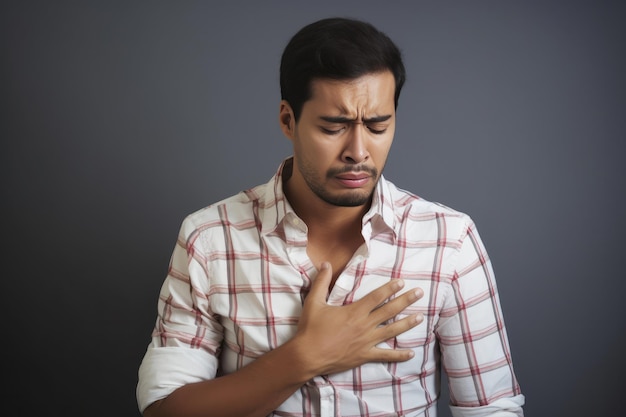 Jeune homme appuyant sur la poitrine avec une expression douloureuse Mal de cœur sévère ayant une crise cardiaque ou des crampes douloureuses maladie cardiaque
