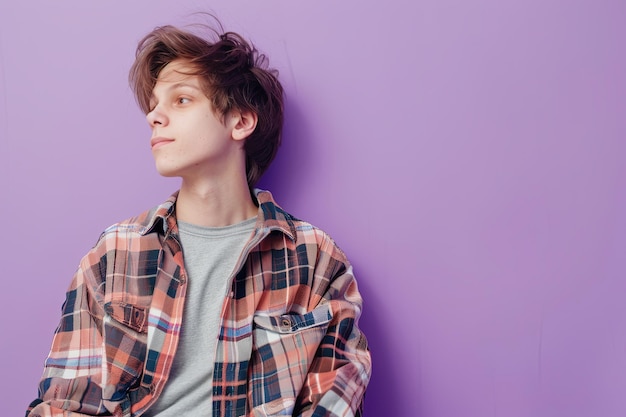 Un jeune homme appuyé sur un mur violet