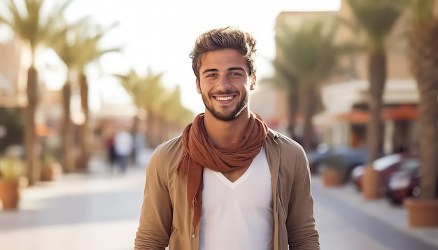 Jeune homme arabe barbu en T-shirt blanc souriant et regardant la caméra sous les tropiques