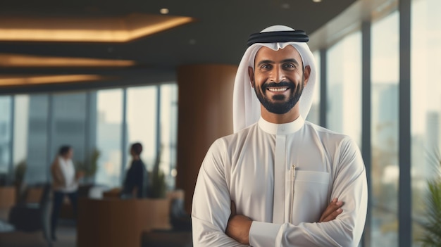 Jeune homme arabe professionnel souriant en dégel debout dans la salle de bureau et regardant la caméra