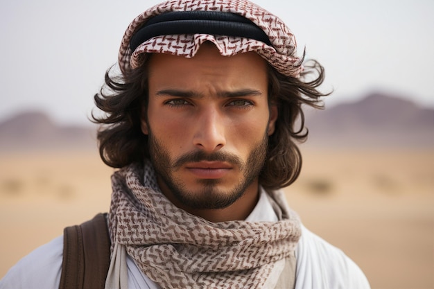 Jeune homme arabe en vêtements nationaux et turban homme musulman saoudien africain marocain yéménite homme persan génératif ai