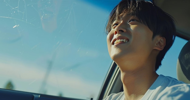 Un jeune homme asiatique conduit une voiture par une journée claire avec un beau ciel bleu il sourit en conduisant pour voyager en voiture en sortant sa tête du pare-brise