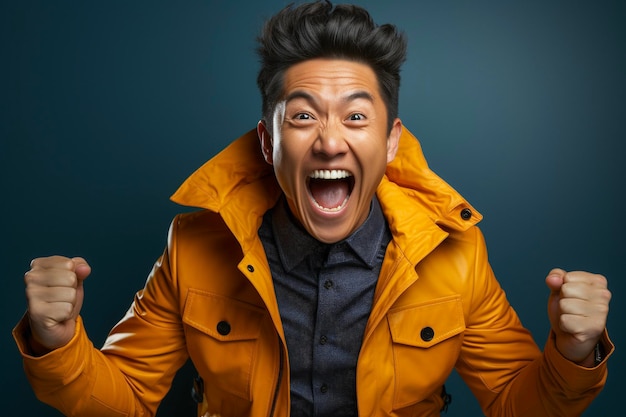Un jeune homme asiatique euphorique portant des vêtements de rue jaunes de base debout en gardant la bouche ouverte