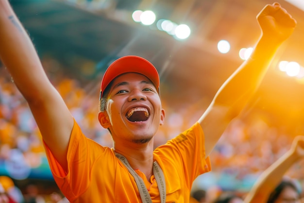Jeune homme asiatique heureux, supporter, fan masculin lors d'un événement sportif tel que le football.