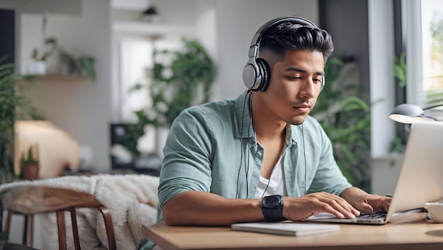 Un jeune homme asiatique hispanique avec des écouteurs assis à la maison blanche devant un micro et un ordinateur portable et lisant un livre en ligne