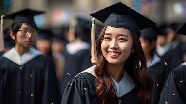 Jeune homme asiatique souriant diplômé sur le fond des diplômés universitaires