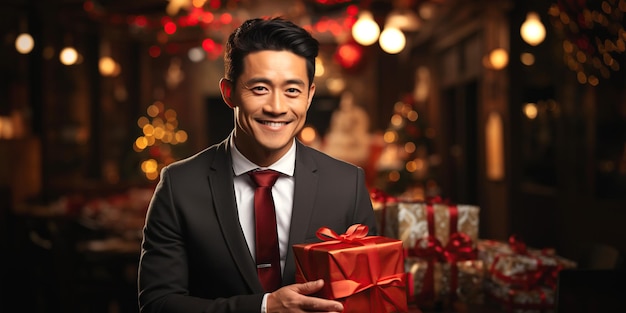 un jeune homme asiatique tient une boîte avec un cadeau de Noël entre les mains