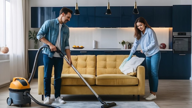 Photo un jeune homme avec un aspirateur qui lave avec de la vapeur un canapé jaune et une belle femme qui essuie le mobilier de cuisine