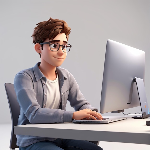 jeune homme assis devant un ordinateur portable homme travaillant sur un ordinateur indépendant rendu 3d illustration 3d isolée sur fond blanc uni