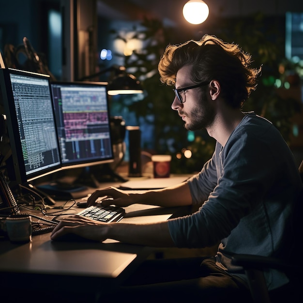 Jeune homme assis à l'ordinateur et en train de programmer