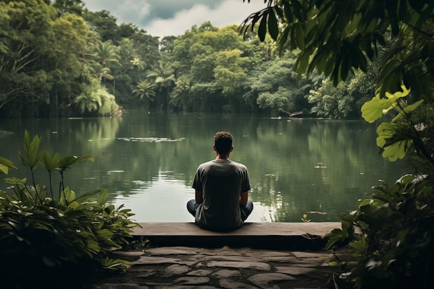 Un jeune homme assis paisiblement au bord d'un lac tranquille AI générative