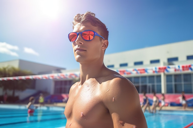 Un jeune homme athlétique fort un entraîneur se tient sur la toile de fond d'une piscine d'été dans une station balnéaire dans un camp d'été pour enfants une belle journée chaude et ensoleillée un hôtel moderne beaucoup de gens en vacances