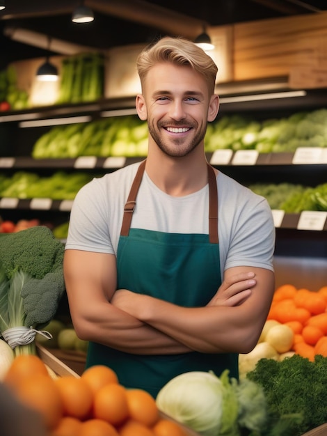 Photo un jeune homme attrayant se tient à l'épicerie.