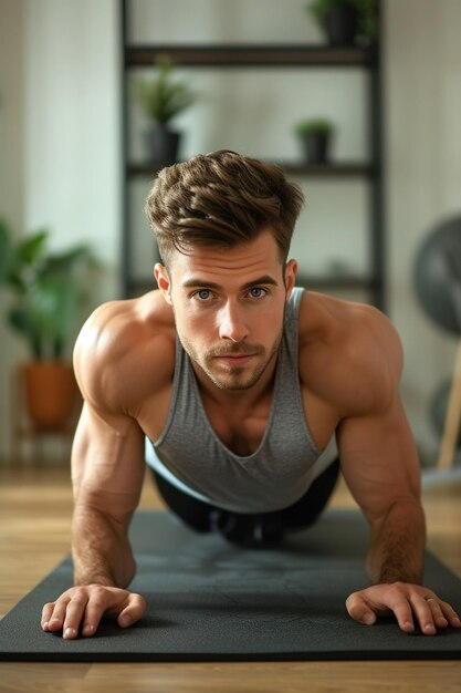 Jeune homme attrayant et sportif faisant des exercices sportifs de pompe ou de planche allongé sur un tapis de yoga sur le sol dans le salon à la maison Concept d'entraînement physique et d'entrainement à domicile