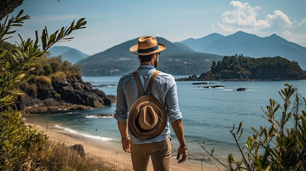 jeune homme au chapeau de paille sur la plage avec des montagnes en journée ensoleillée