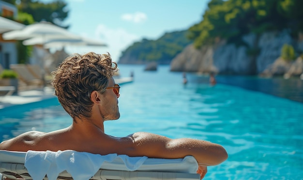 Un jeune homme au soleil sur une chaise de plage à côté de la piscine.