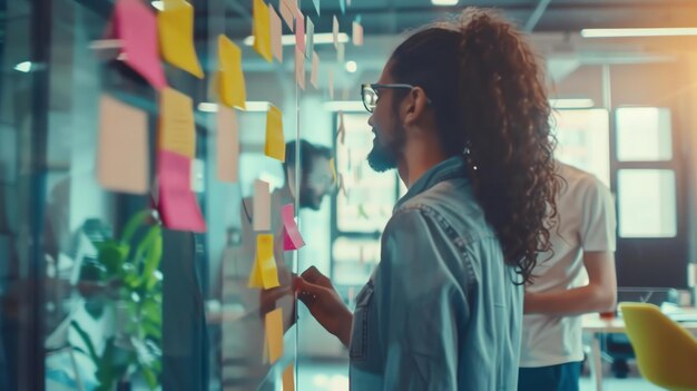 Un jeune homme aux cheveux bouclés portant des lunettes et une chemise en jean écrit sur un mur de verre avec des notes collantes