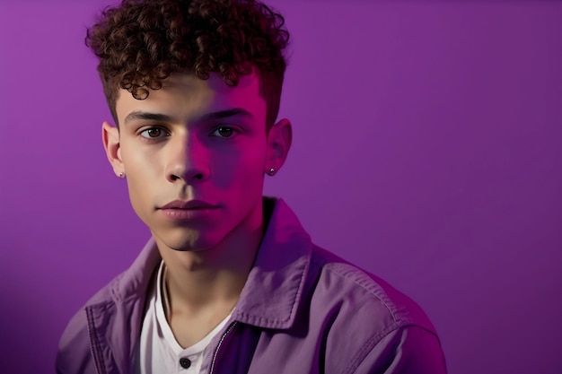 Un jeune homme aux cheveux bouclés porte une chemise violette et une chemise blanche.