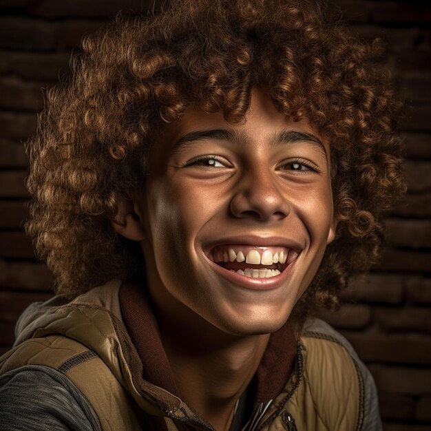 un jeune homme aux cheveux bouclés et un sourire sur le visage.