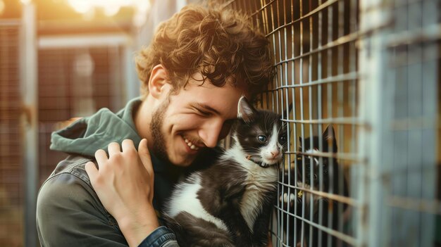 Un jeune homme aux cheveux bouclés sourit et embrasse un chaton noir et blanc à travers une cage