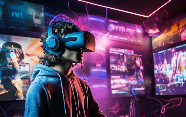 Photo un jeune homme aux cheveux légèrement longs jouant à un jeu de réalité virtuelle avec un casque dans une salle de jeu