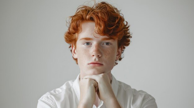 Un jeune homme aux cheveux roux et aux taches de rousseur.