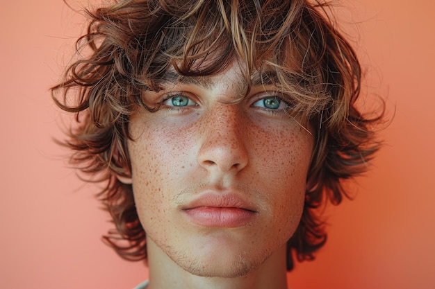 Jeune homme aux cheveux tachetés et aux yeux bleus IA générative