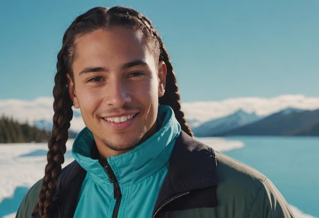 Un jeune homme aux cheveux tressés portant une veste de plein air dans une montagne enneigée mettant son sourire