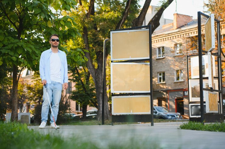 Photo un jeune homme aveugle et beau qui marche avec un bâton en ville.
