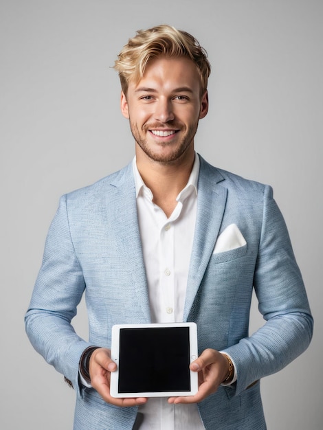 Photo un jeune homme à la barbe attrayant et souriant tenant une tablette.