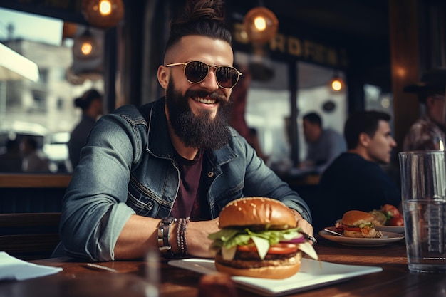 Un jeune homme barbu à la mode mange un gros hamburger dans un café Fast food