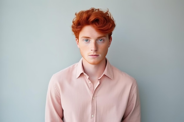 Jeune homme beau et confiant avec des cheveux roux sur un fond de studio gris