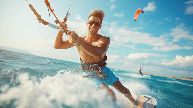 Photo un jeune homme beau dans la mer avec des éclaboussures d'eau derrière lui