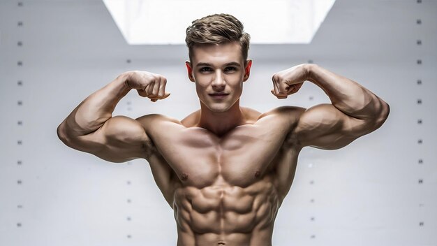 Un jeune homme beau et en forme posant ses muscles isolés sur un fond blanc avec un copyspace