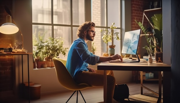 Un jeune homme beau qui travaille à domicile sur un ordinateur de bureau.