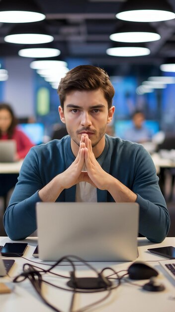 Un jeune homme beau et sérieux assis dans un bureau.