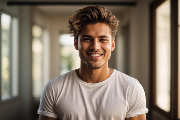 Jeune homme beau et souriant en t-shirt blanc isolé