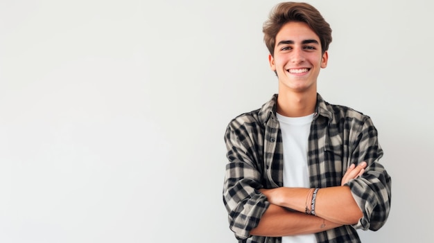 Un jeune homme beau avec un sourire amical et une tenue décontractée, les bras croisés sur un fond blanc.