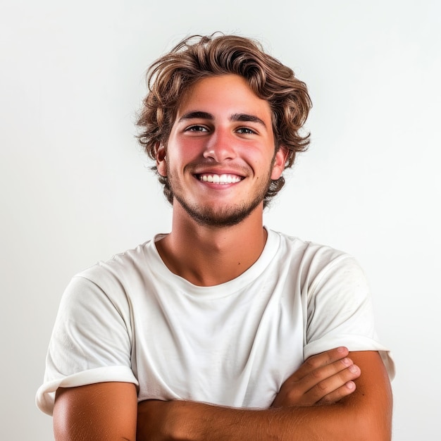 Un jeune homme beau avec un sourire amical et une tenue décontractée, les bras croisés sur un fond blanc.