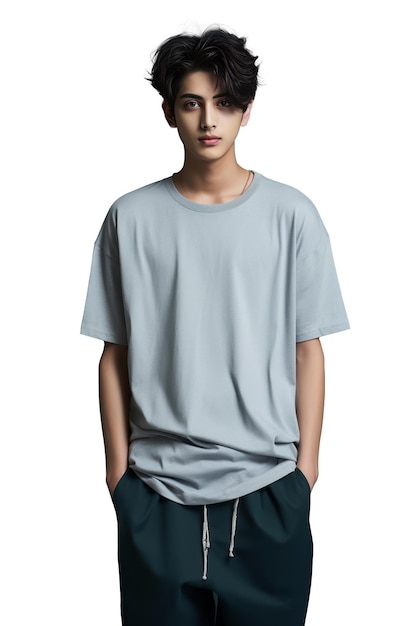 Photo jeune homme beau en t-shirt gris sur fond blanc