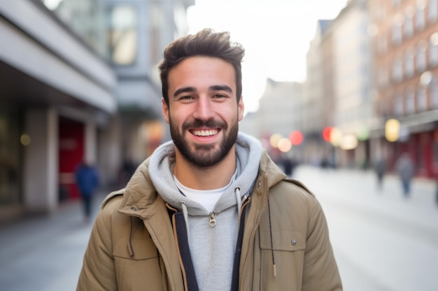 Photo un jeune homme blanc européen sourit à la caméra dans la ville.