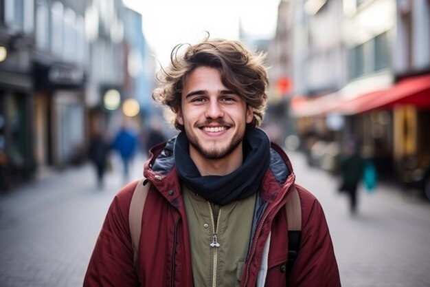 Photo un jeune homme blanc européen sourit à la caméra dans la ville.