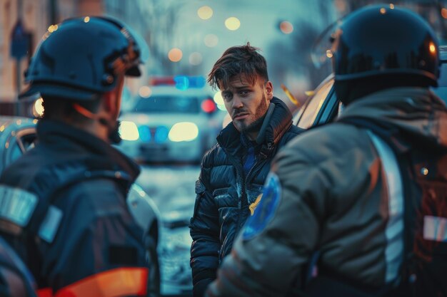 Un jeune homme blessé souffrant de douleurs après un accident de voiture parle aux policiers.