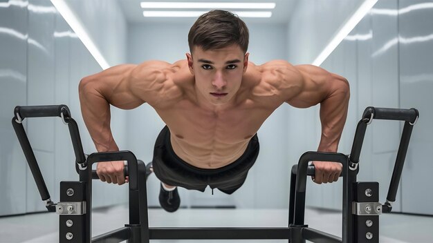 Un jeune homme en bonne santé fait des pompes avec un équipement spécial.