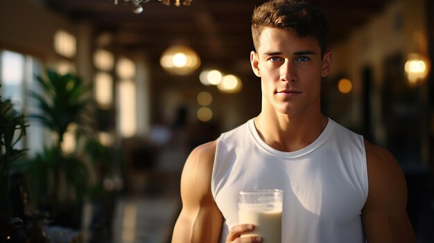 Un jeune homme buvant un verre de lait dans un café Portrait d'un jeune homme tenant un verre de milk