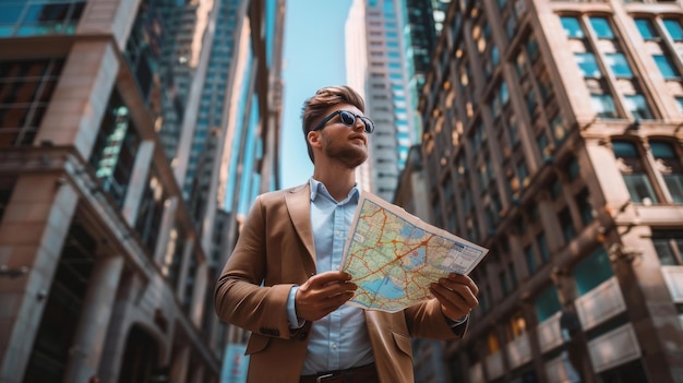 Un jeune homme avec une carte voyageant à travers une ville.