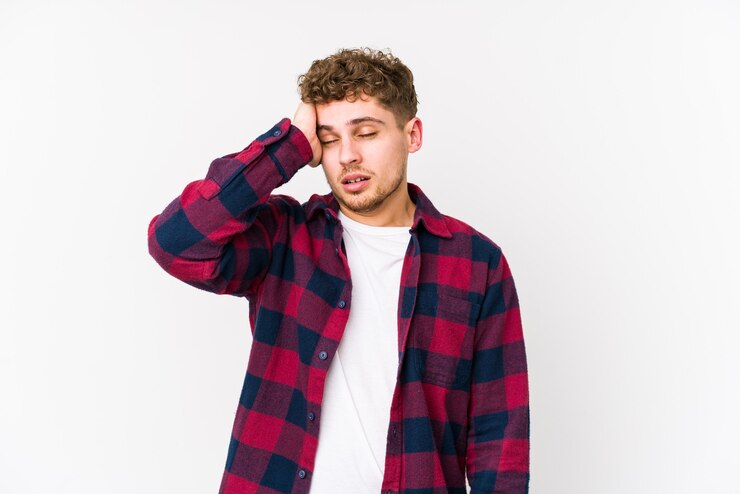 Photo jeune homme caucasien blond cheveux bouclés isolé étant choqué, elle s'est souvenue d'une réunion importante.